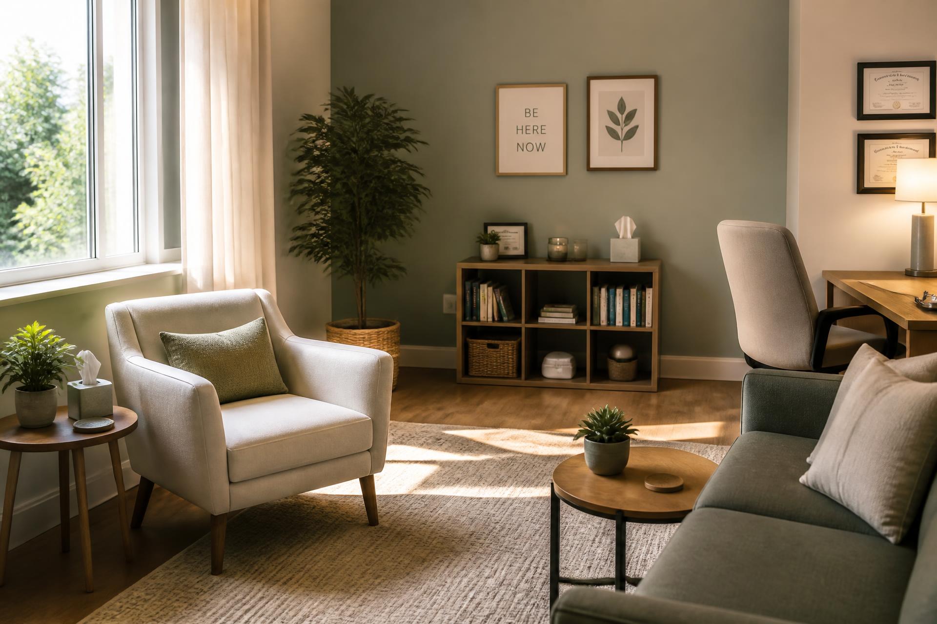 Studio di psicologia accogliente con luce naturale